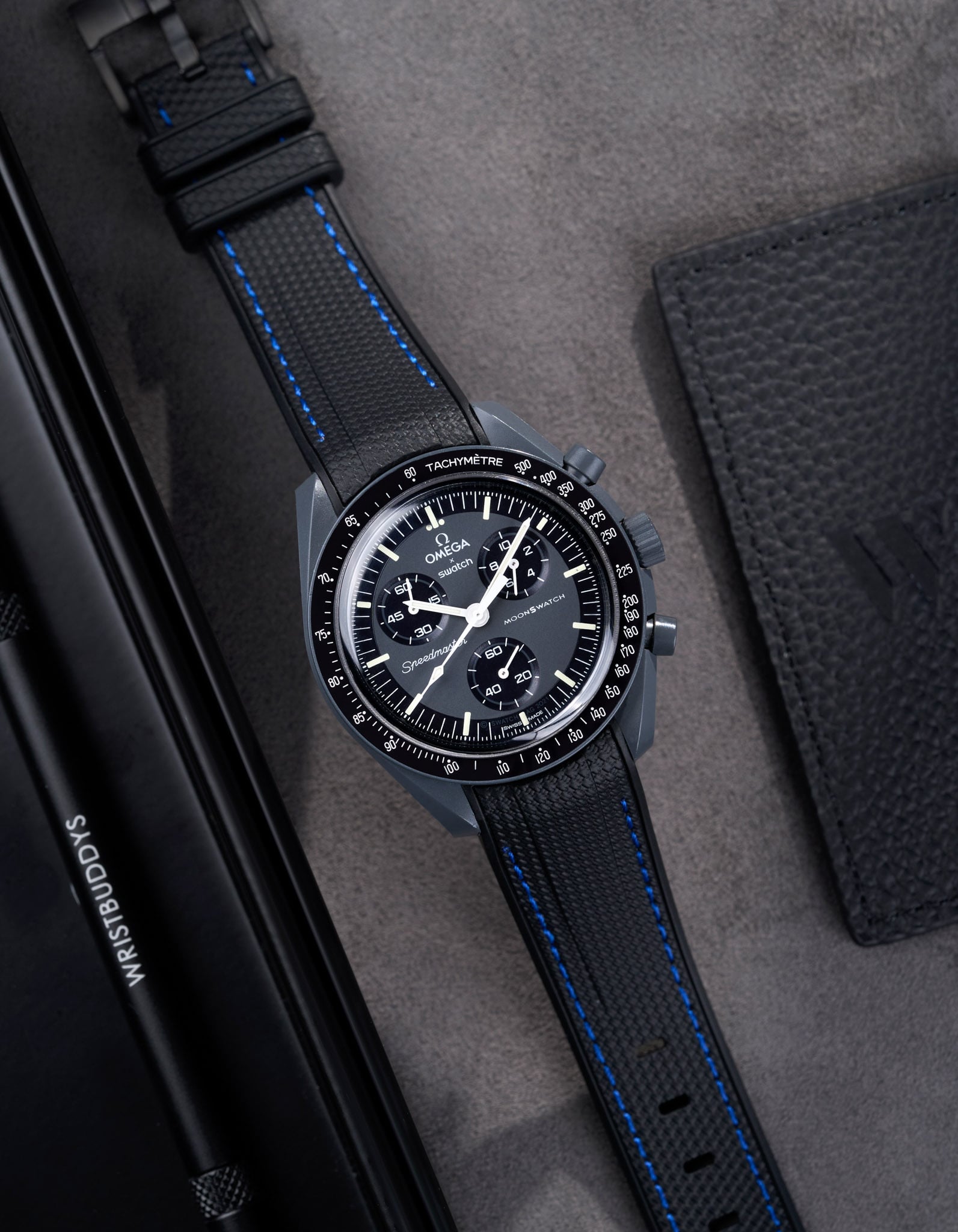 Curved Vertech Rubber Strap - Black &amp; Blue Stitches