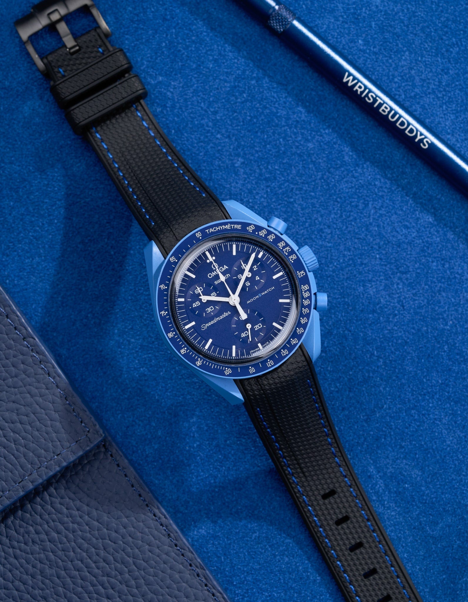 Curved Vertech Rubber Strap - Black &amp; Blue Stitches